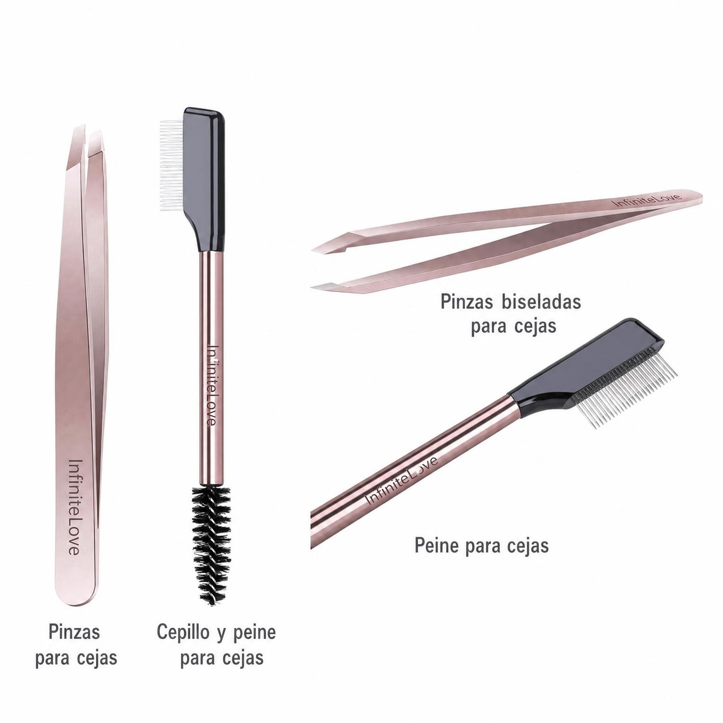 Set de Retoque para Cejas y Pestañas Pinzas de Precisión Acero Inoxidable Peine Doble Separador Oro Rosa