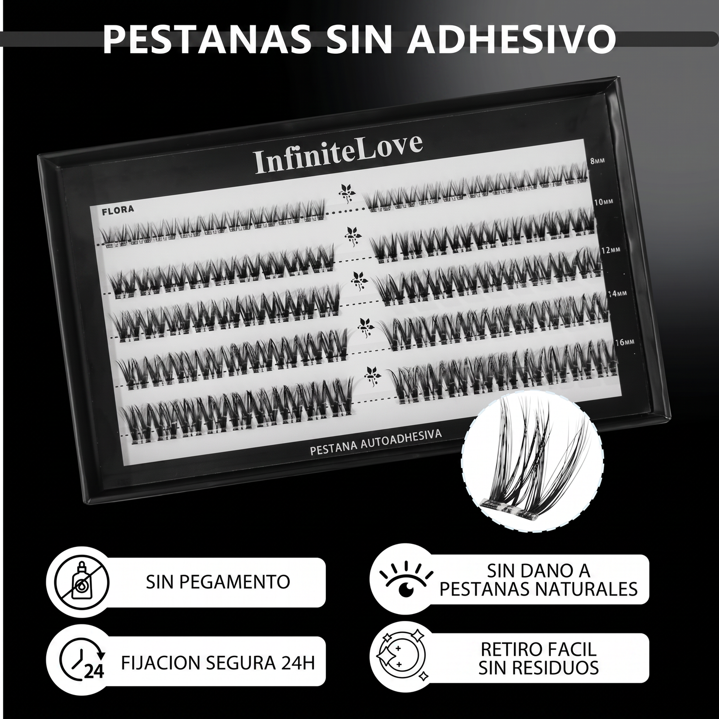 Kit de Pestanas en Racimo Autoadhesivas DIY - 80 Piezas 8-16mm con Pinzas de Precision