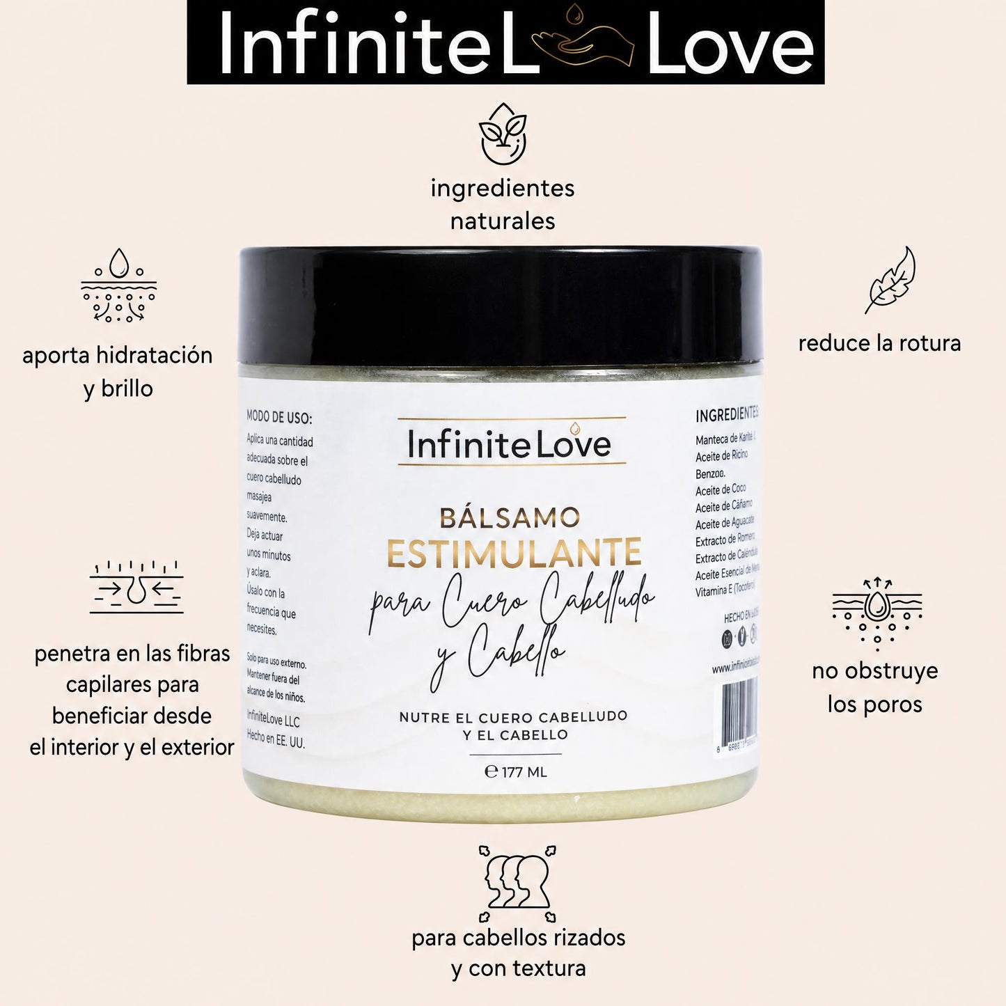 Balsamo Estimulante Cuero Cabelludo y Cabello Manteca Karite Mango Romero Menta 100% Natural 177ml