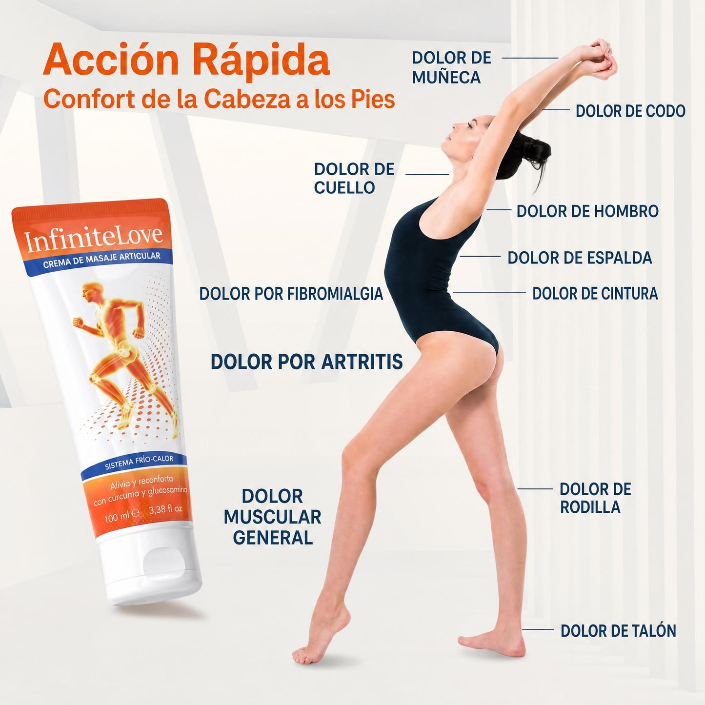 Crema de Masaje Articular Efecto Frío Cúrcuma Glucosamina Condroitina MSM Ácido Hialurónico 100ml
