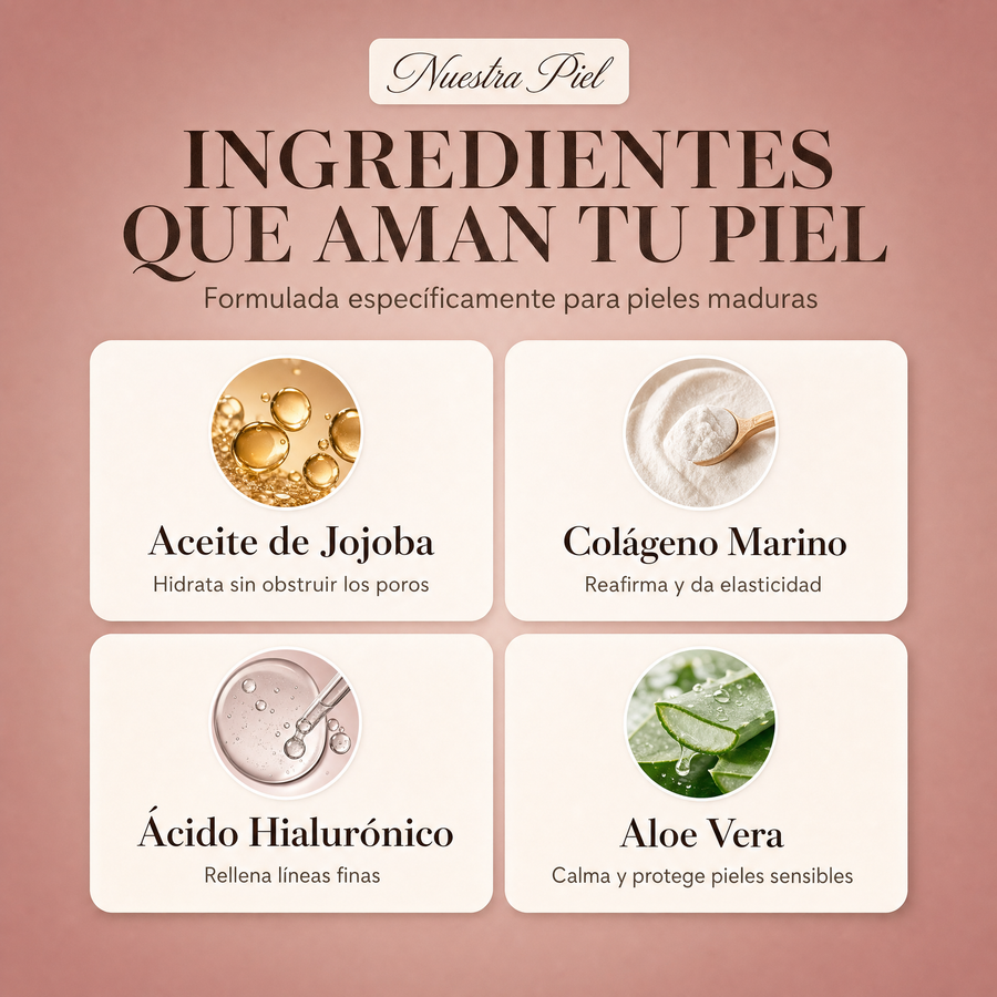 Ingredientes: aceite de jojoba, colágeno marino, ácido hialurónico, aloe vera