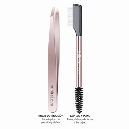 Set de Retoque para Cejas y Pestañas Pinzas de Precisión Acero Inoxidable Peine Doble Separador Oro Rosa