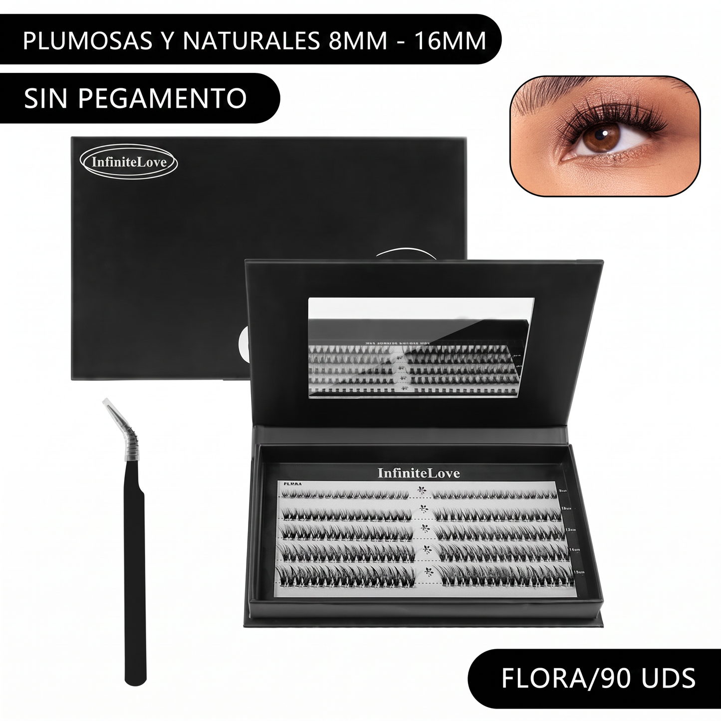 Kit de Pestanas en Racimo Autoadhesivas DIY - 80 Piezas 8-16mm con Pinzas de Precision