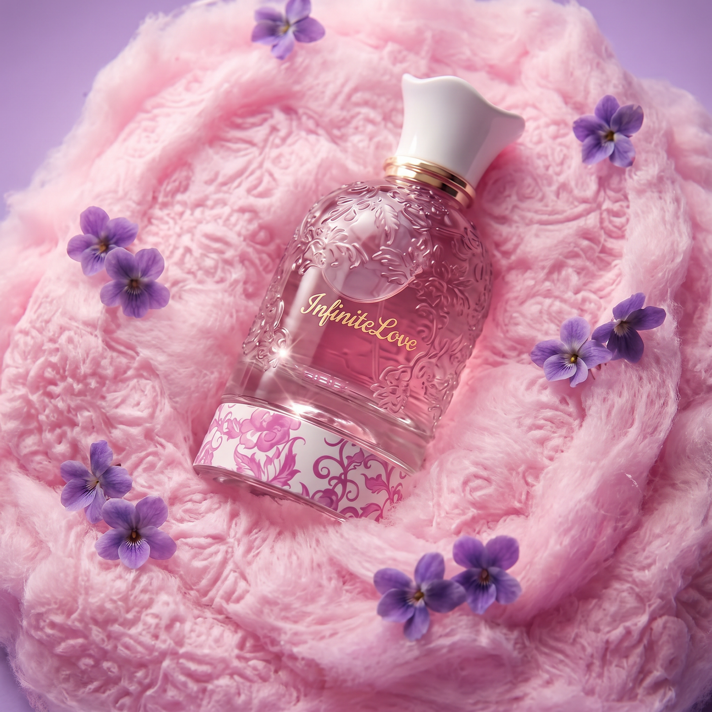 Flatlay InfiniteLove Perfume con Violetas