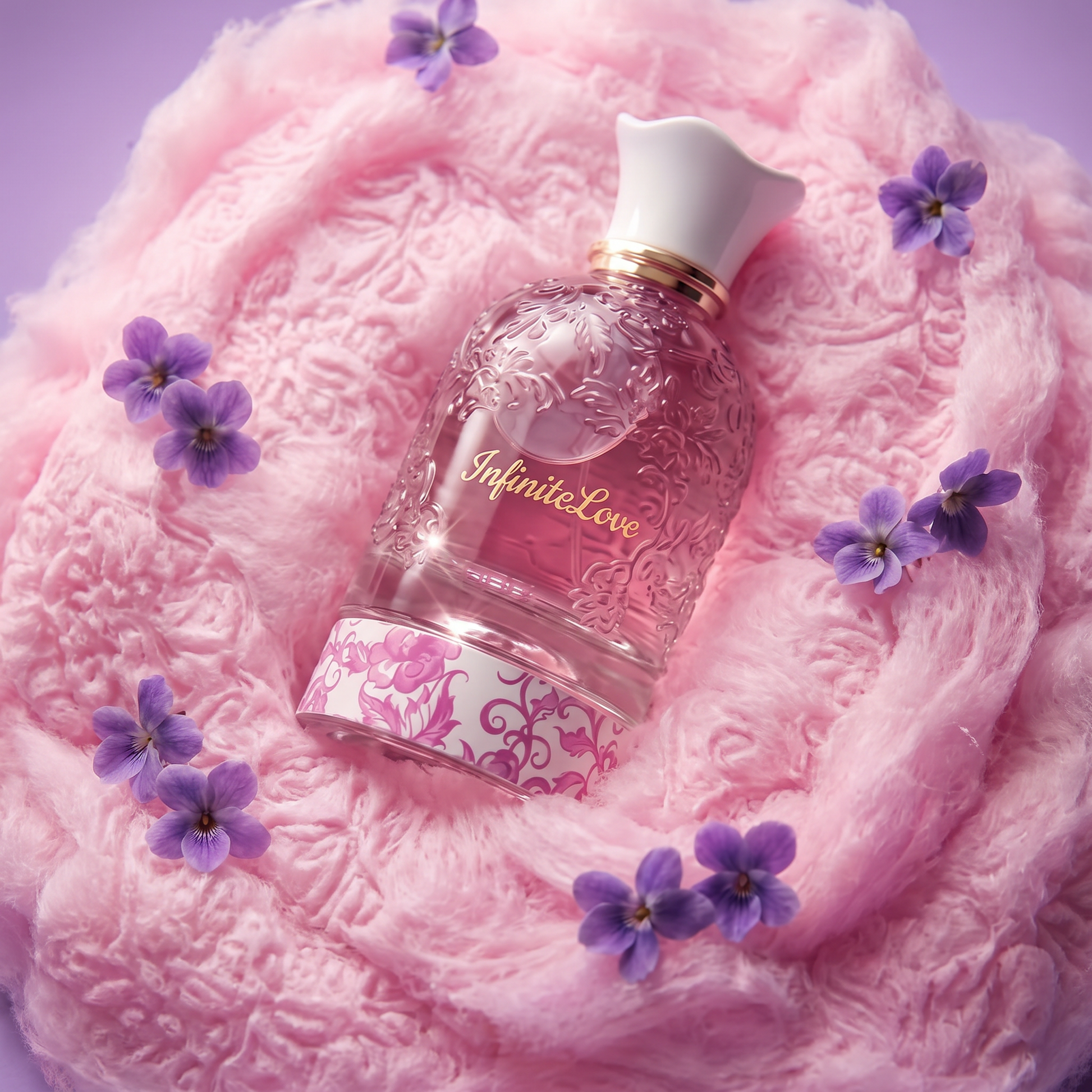 Flatlay InfiniteLove Perfume con Violetas