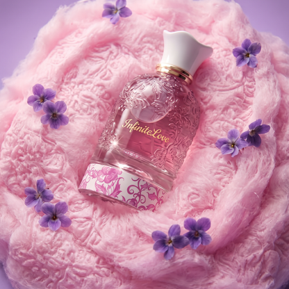 Flatlay InfiniteLove Perfume con Violetas