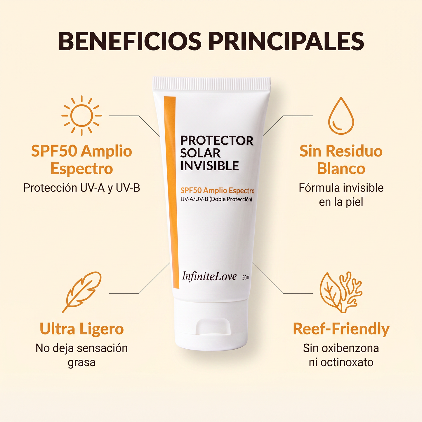 Protector Solar Invisible SPF50 Amplio Espectro para Rostro y Cuerpo 50ml