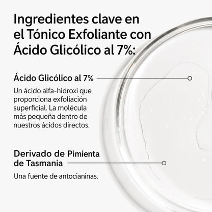 Tónico Exfoliante Ácido Glicólico 7% AHA Luminosidad Textura Vegano 240ml