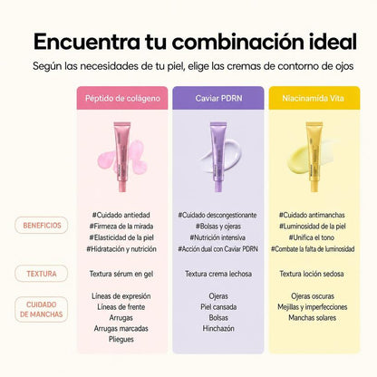 Kit Trio Crema Contorno de Ojos Multiusos Niacinamida Caviar PDRN Colageno Peptidos K-Beauty 3x30ml