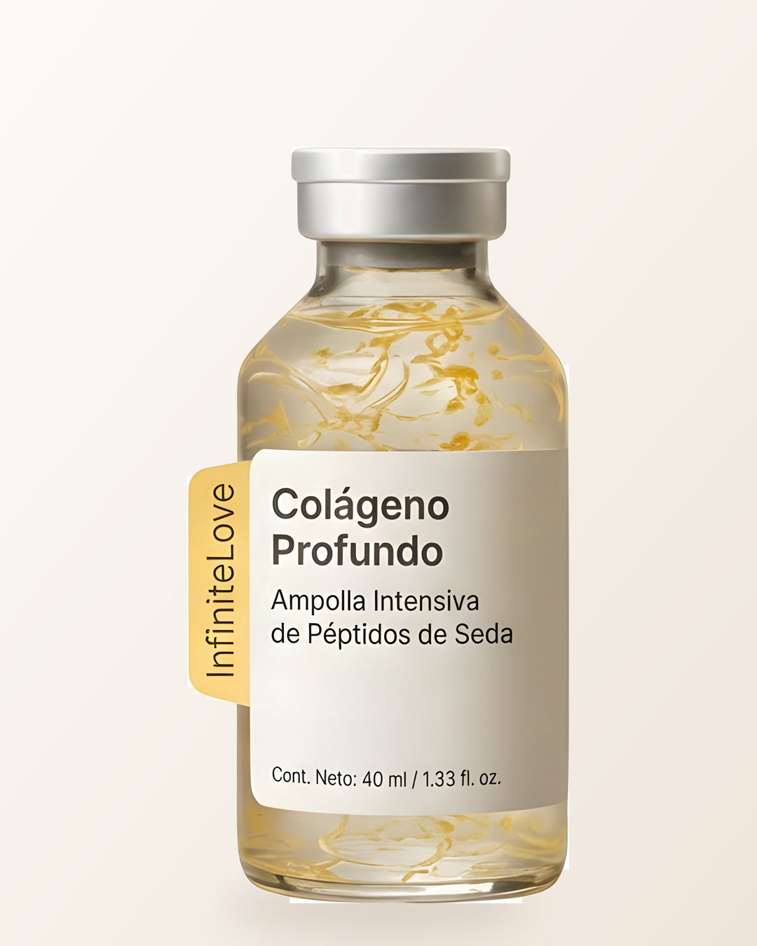 Ampolla Colágeno Profundo de InfiniteLove, 40 ml, con los hilos de seda dorados dentro del frasco
