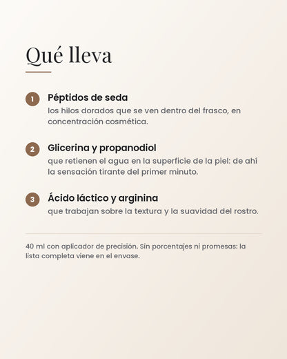 Qué lleva: péptidos de seda, glicerina y propanodiol, ácido láctico y arginina