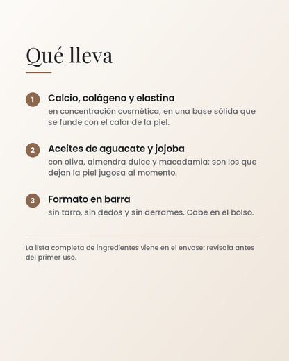 Qué lleva: calcio, colágeno y elastina, con aceites de aguacate y jojoba