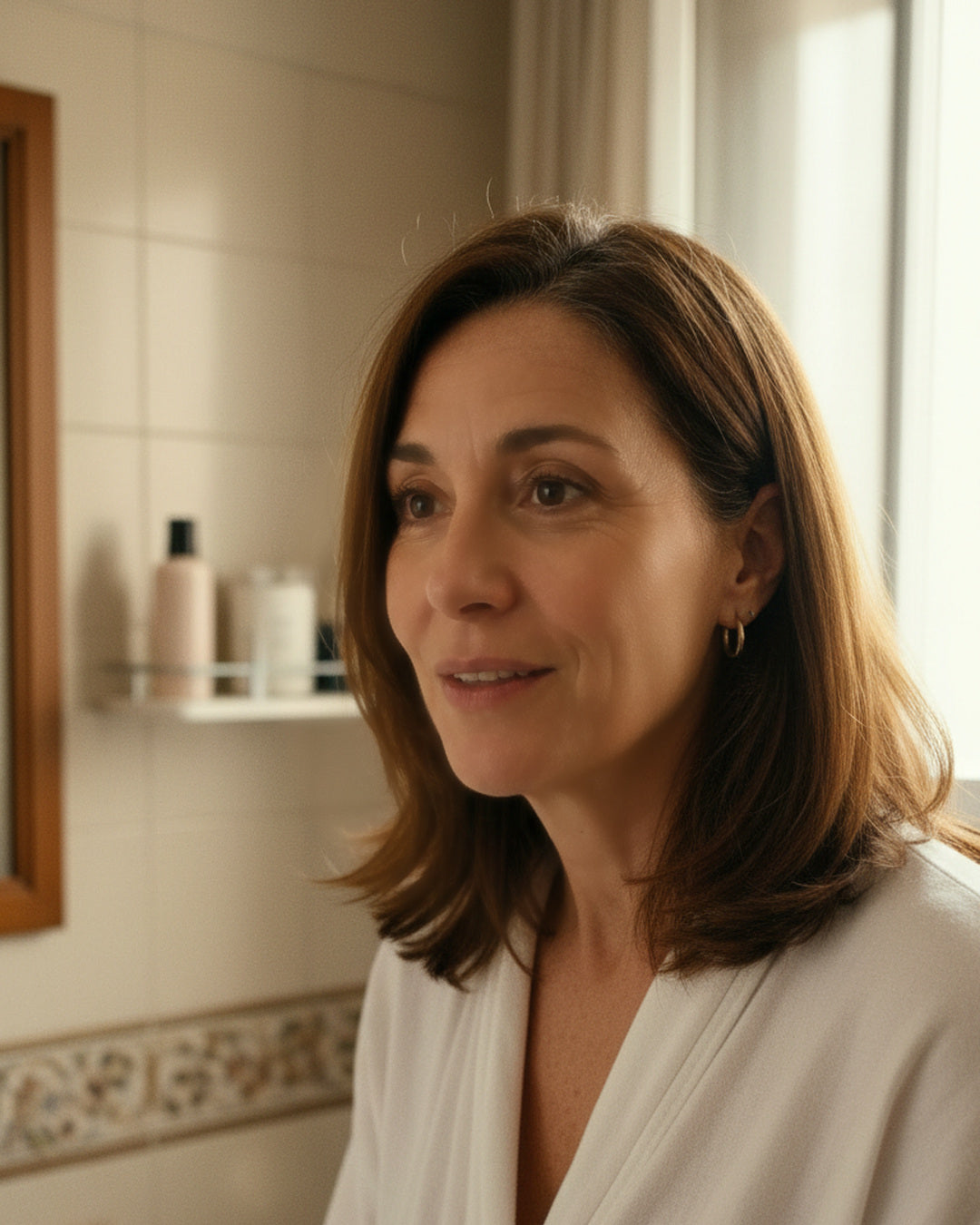 Mujer de unos cincuenta y cinco años frente al espejo de su baño