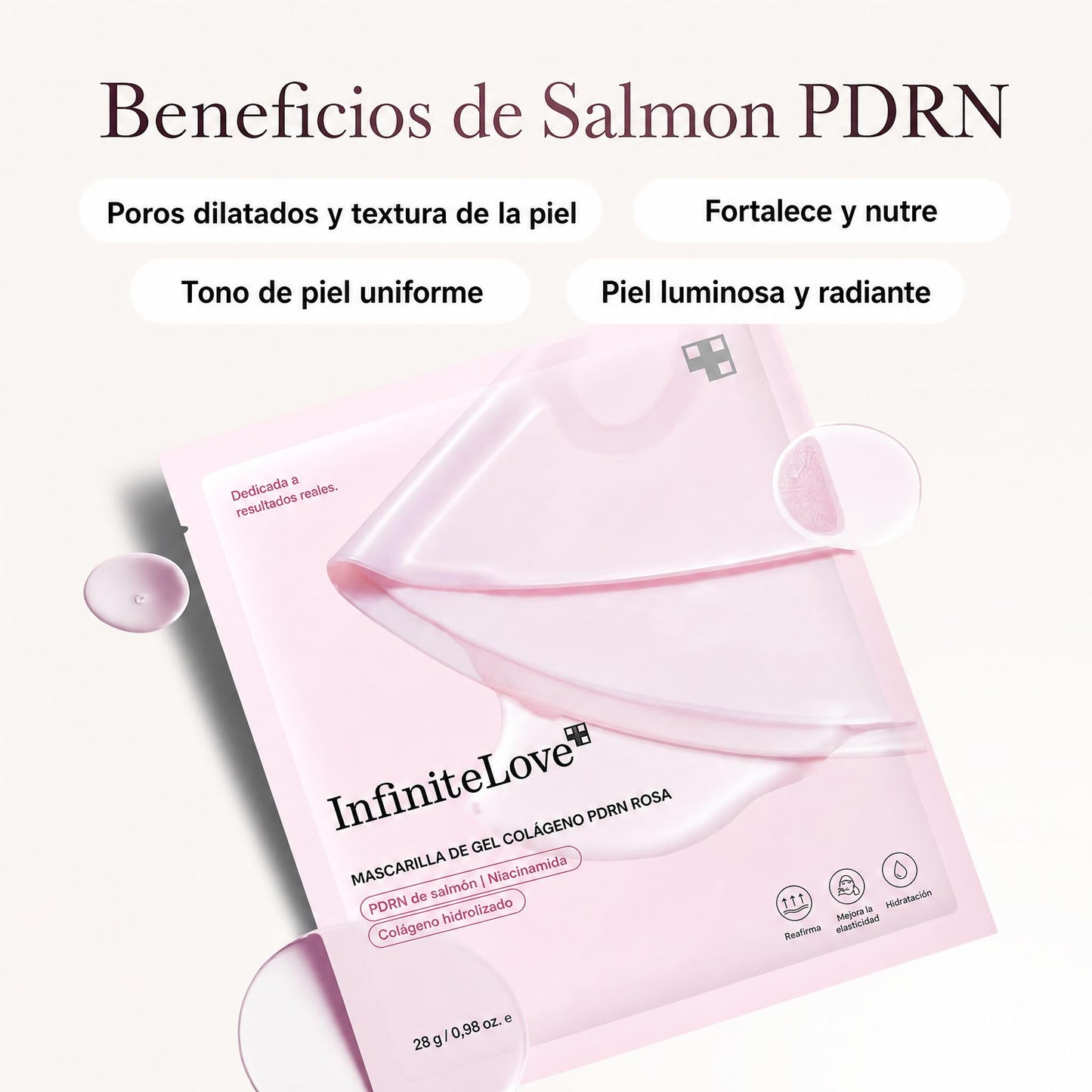 Mascarilla Gel Colageno Rosa PDRN Salmon Hidrogel Cambia de Color Efecto Glass Skin K-Beauty 4 Uds