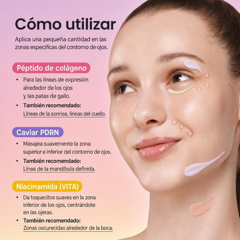 Kit Trio Crema Contorno de Ojos Multiusos Niacinamida Caviar PDRN Colageno Peptidos K-Beauty 3x30ml