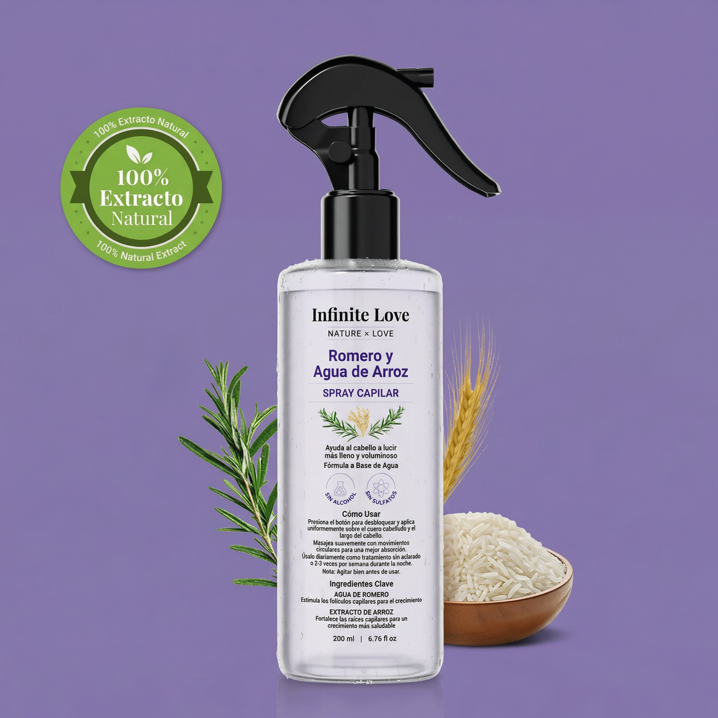 Spray Capilar Estimulador de Crecimiento con Romero y Agua de Arroz (100% Natural) para Frenar la Caída