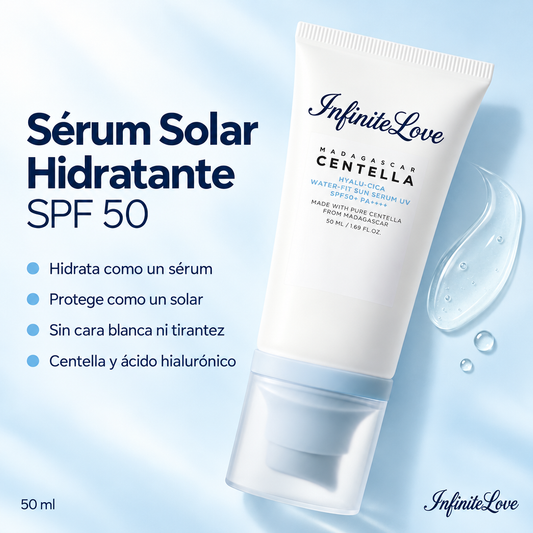 InfiniteLove Sérum Solar Hidratante SPF 50 con centella y ácido hialurónico, 50 ml