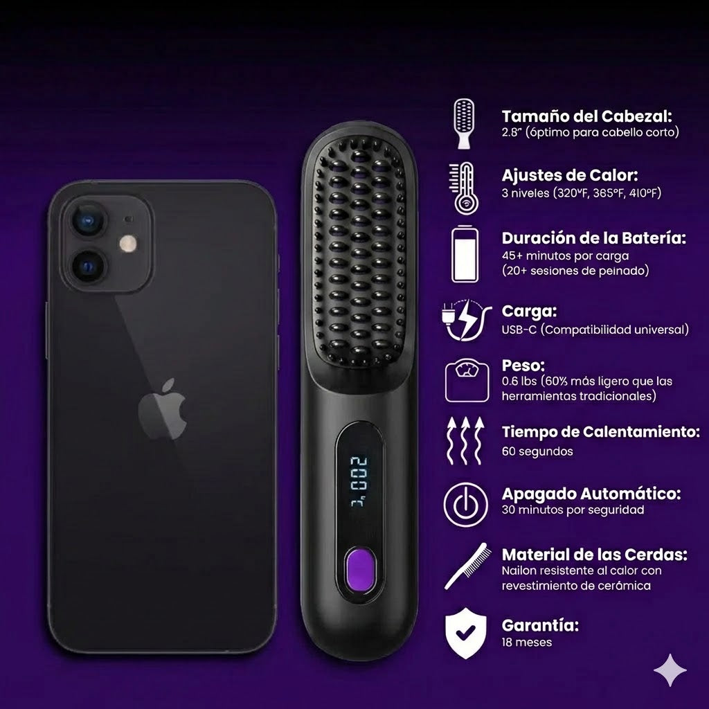 Cepillo Alisador Térmico de Cerámica | 'GoBrush Pro' para Control de Frizz, Remolinos y Peinado Rápido (Ideal Pelo Corto)