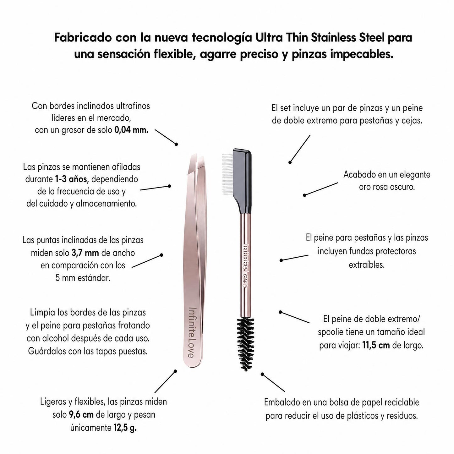 Set de Retoque para Cejas y Pestañas Pinzas de Precisión Acero Inoxidable Peine Doble Separador Oro Rosa